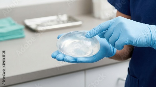 Doctor holding a silicone breast implant in a medical clinic illustration