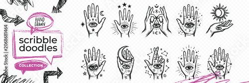 Foto Black solid silhouette doodle vector set of esoteric palmistry hands hamsa eye o