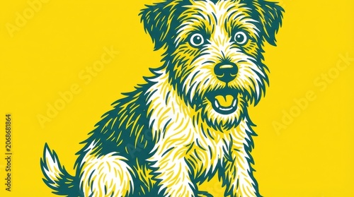 Adorable Terrier Dog Portrait with a Playful Expression on a Vibrant Yellow Background.