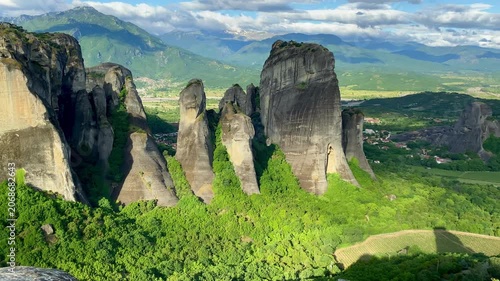 The iconic monasteries high on their rocky pinnacles at Meteora, Greece.