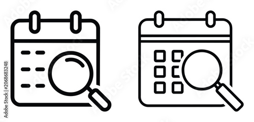 Foto Black line icons of calendar with magnifying glass on white background