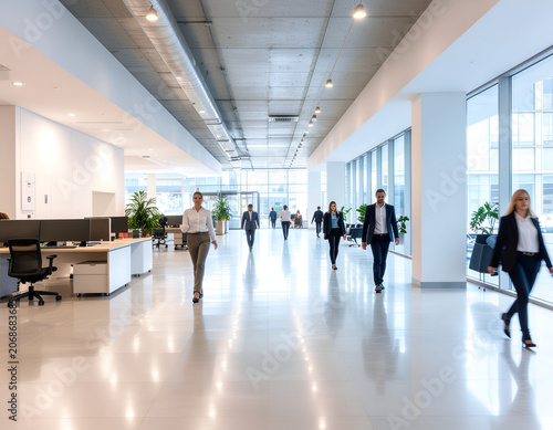 A bright and modern office hallway showcases several professionals walking purposefully towards a large windowed exterior, creating a sense of dynamic activity and contemporary workspace design.