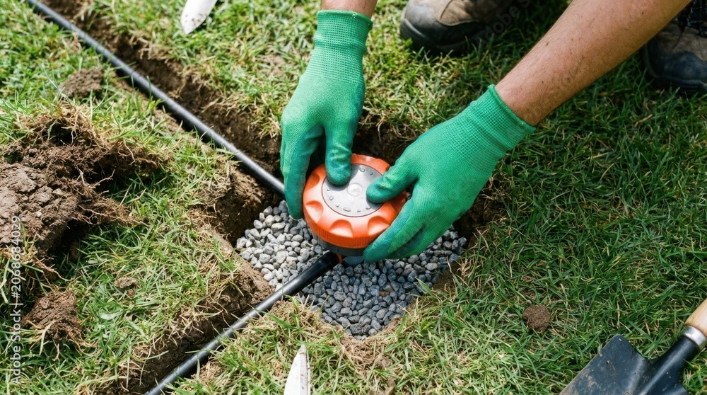 Fototapeta premium Gardener installing irrigation system in backyard