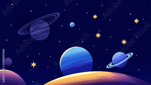 Cartoon Style Space Scene With Planets And Stars
