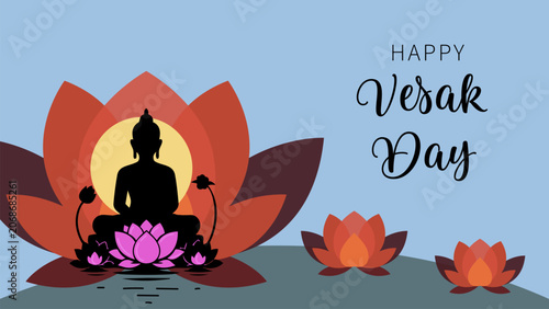 Vesak Day Greeting Banner with Buddha Silhouette and Lotus Flower.