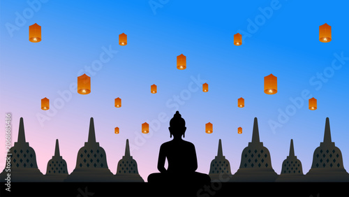Vesak Day Illustration with Buddha Silhouette and Borobudur Temple Lantern Festival Banner Background