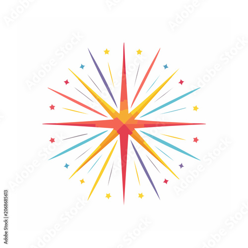 Colorful starburst with small stars on white background