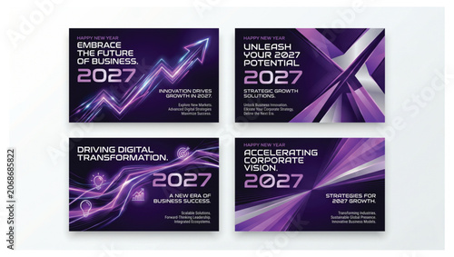 2027 happy new year business growth and digital transformation web banners set in purple aesthetic with business transformation aesthetic strategic corporate innovation marketing abstract