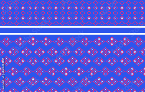 Fabric pattern composed of white flowers pink square on blue background.