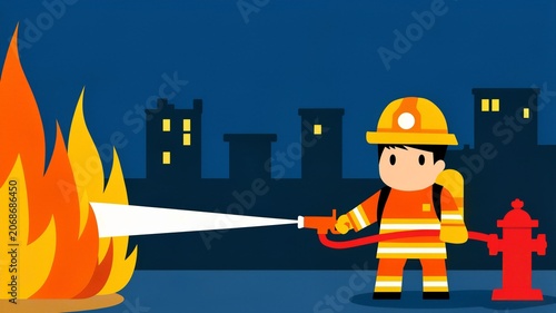 Cartoon Firefighter Extinguishing Fire At Night