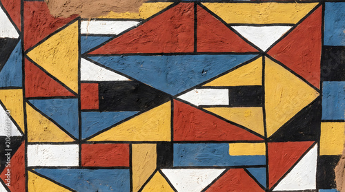 Close-up of traditional hand-painted African Ndebele geometric wall pattern in bold primary colors, cultural art