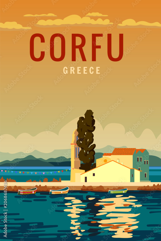 Naklejka premium Poster Travel Greece island Corfu Vlacherna Monastery, port of Kanoni