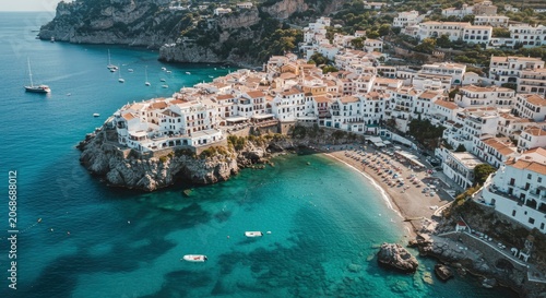 Aerial View of a Picturesque Coastal Village with Turquoise Waters