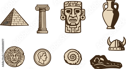 Tableau sur toile Ancient History Icon Set with Pyramid Column Mask Vase and Viking Helmet