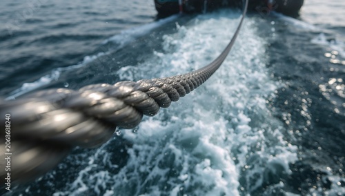 Stretching braided steel towing rope cutting diagonally at sea, showing droplets and wake