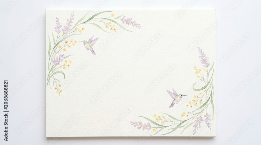 Fototapeta premium A delicate watercolor painting featuring two hummingbirds flying amidst soft lavender and flowers.