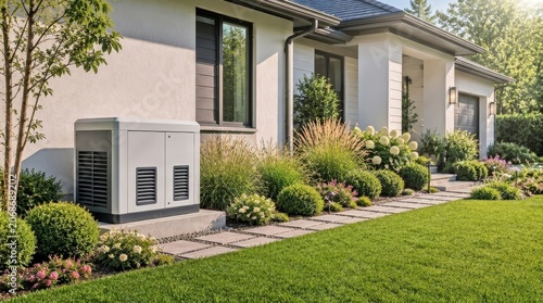 modern residential standby generator installed near suburban home exterior with professional landscaping.