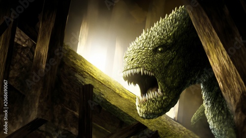 Ferocious Dinosaur In Dark Wooden Cabin