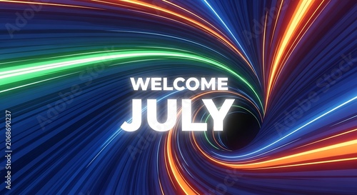 Joyful July celebration with vibrant fireworks and neon text.