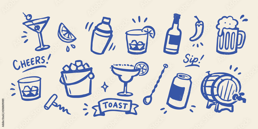 Naklejka premium Cocktail and Beer Party Doodle Set Vector Illustration