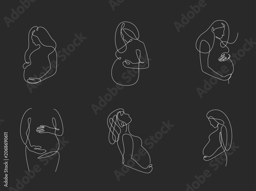 Minimalist Continuous Line Art of Pregnant Women Set: Expecting Mother Silhouettes in Various Poses on Dark Background, Maternity Lifestyle Graphics