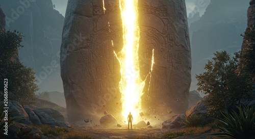 Ancient Stone Monolith with Glowing Energy and Lone Figure