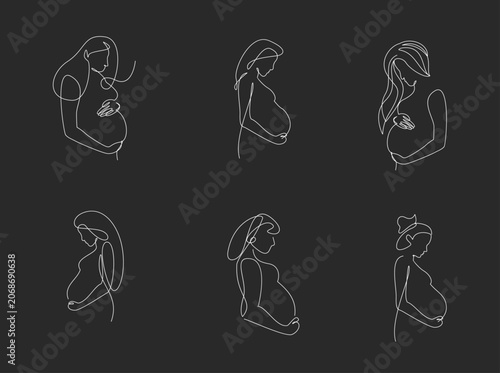 Pregnant women continuous line art collection, minimalist maternity illustration.