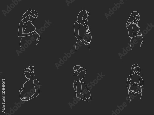 Set of Continuous Line Art Drawings of Pregnant Women. Minimalist Illustrations of Expecting Mothers Embracing Their Bellies, Symbolizing Maternity and New Life.