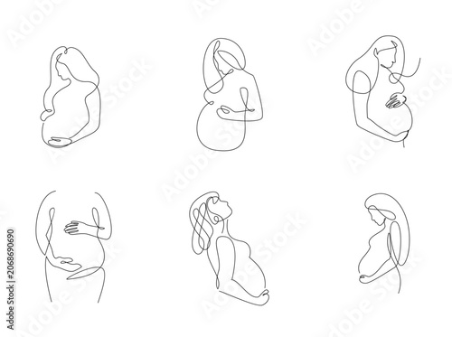 Continuous line art drawings of pregnant women, minimalist one-line illustrations of expecting mothers holding their belly, maternity concept.