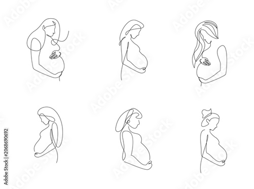 Pregnant Woman Line Art Illustrations Set, Minimalist Drawing of Expecting Mother Embracing Her Baby Bump, Continuous Line Design for Maternity and Motherhood Concepts