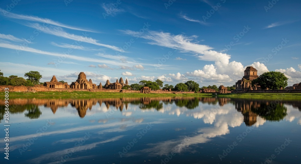 Fototapeta premium Ancient Temple Ruins Reflected in Calm Water Under Blue Sky