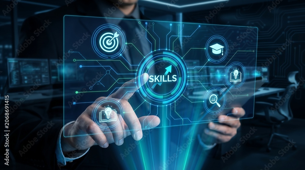 Fototapeta premium Businessman interacting with complex holographic interface showing skills development and educational icons for advanced corporate training and business strategy