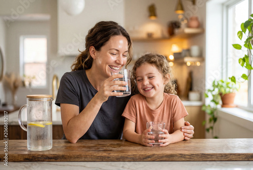 Happy mother and daughter laughing while drinking fresh water in a modern kitchen