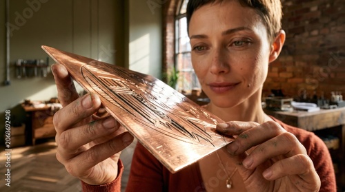 Artisan woman inspecting an intricate engraved metal plate