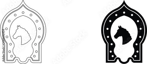 Decorative horse head emblem inside traditional arched frame silhouette isolated on transparent background for creative.