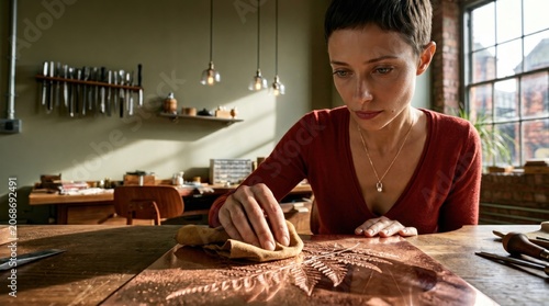 Artisan woman polishing an engraved metal plate with cloth