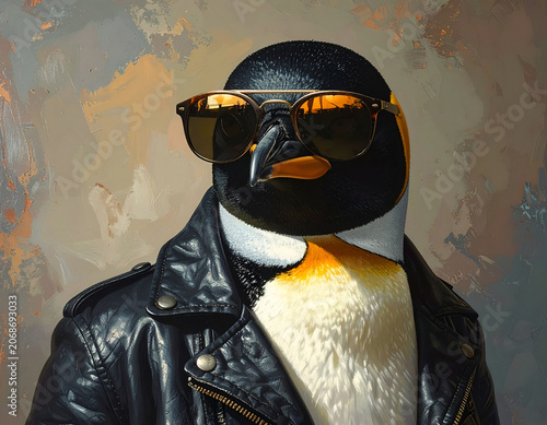 Cool Penguin Dressed as a Biker Wearing Sunglasses and Leather Jacket.