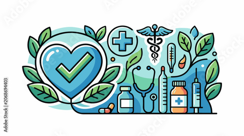 A heart with a green tick surrounded by leaves and medical symbols