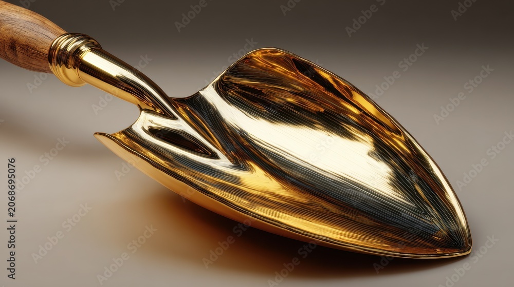 Fototapeta premium Foreshortened golden shovel in a glossy 3D illustration with dramatic lighting