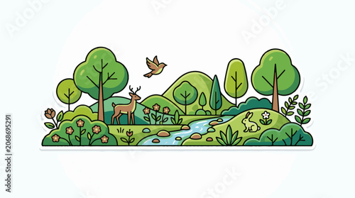 A serene landscape with a deer, rabbit, and bird amidst trees, flowers, and a stream