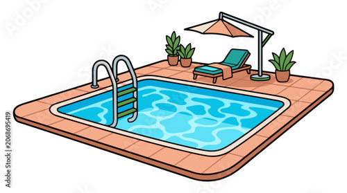 A serene backyard swimming pool with blue water, surrounded by a brown tiled deck and adorned with green plants, a lounge chair, and umbrella