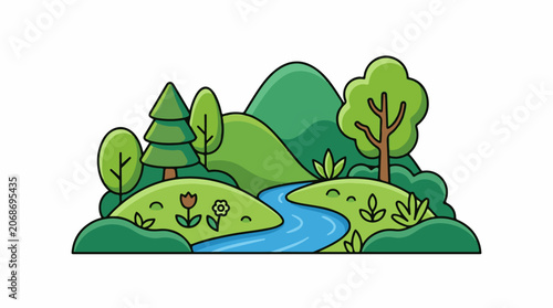 A serene cartoon landscape with a winding blue river, lush green hills, trees, and flowers