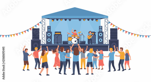 A lively outdoor concert with a band performing on stage and a crowd dancing