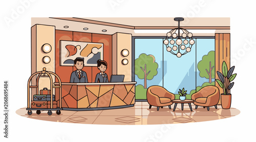 A hotel lobby with a reception desk and two staff members