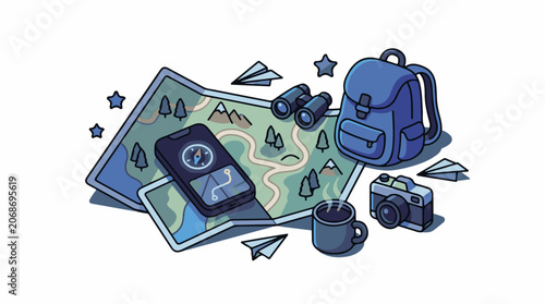 A travel planning illustration with a map, phone, backpack, camera, and coffee