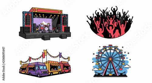 A vibrant illustration of a festival with a stage, crowd, food trucks, and a Ferris wheel