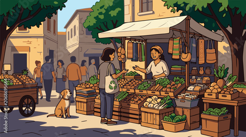 A vibrant outdoor market scene with people shopping for fresh produce (1)