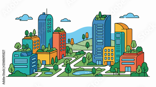Colorful illustration of a cityscape with green spaces and modern buildings