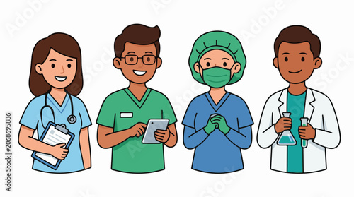 Four diverse medical professionals smiling