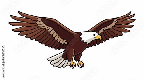 A brown eagle with white head and tail feathers spreads its wings